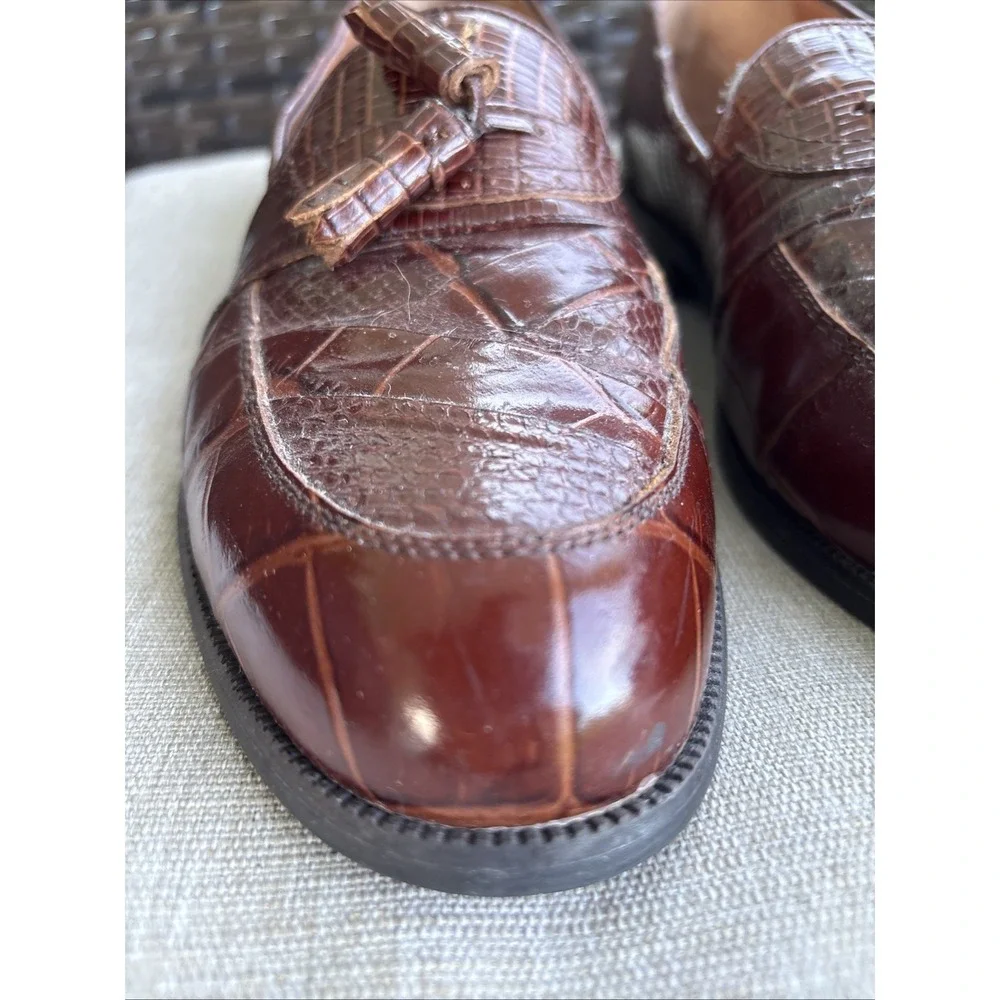 Stacy Adams Cognac Brown Snake Leather Tassel Loafer Dress Shoes Size 10 M